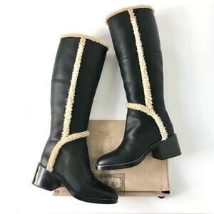 Gucci Shearling Trim Black Leather Knee High Pull On Riding Boots 37